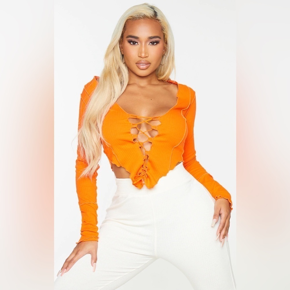 Orange Lace Up 3/4 Sleeve Crop Top NWOT Date night sexy gno top